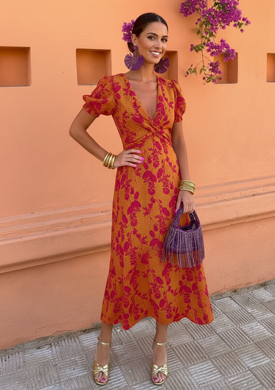 Chloe™ Chic Leaf Print V-Neck Dress